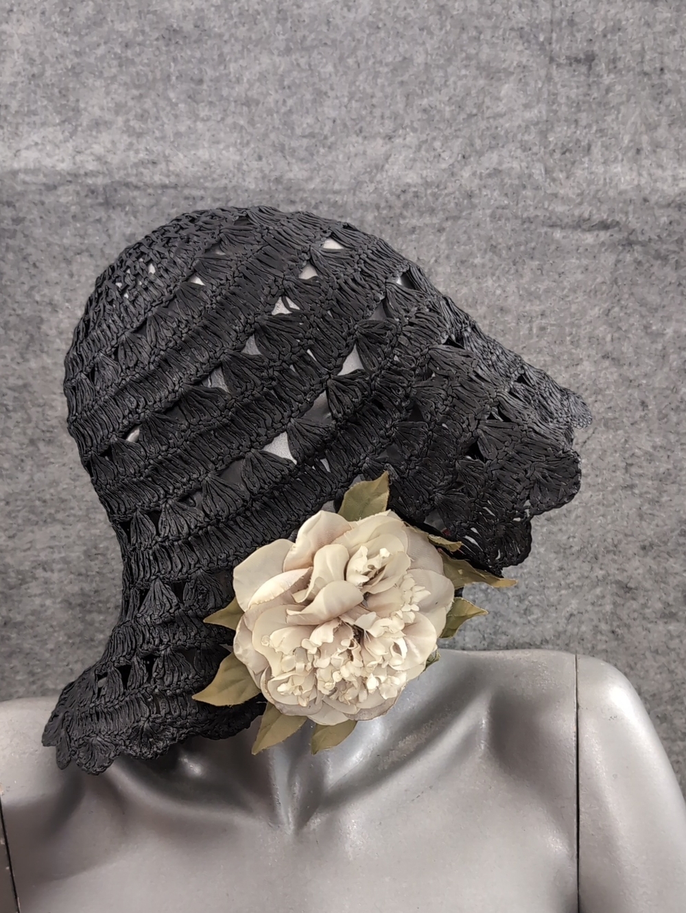 Black Crochet Cloche Hat with Cream Floral Accent